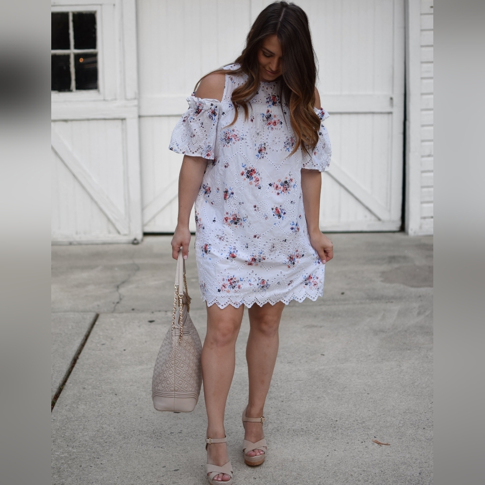 Loft Floral Cold Shoulder Eyelet Summer Dress - Picture 2 of 7